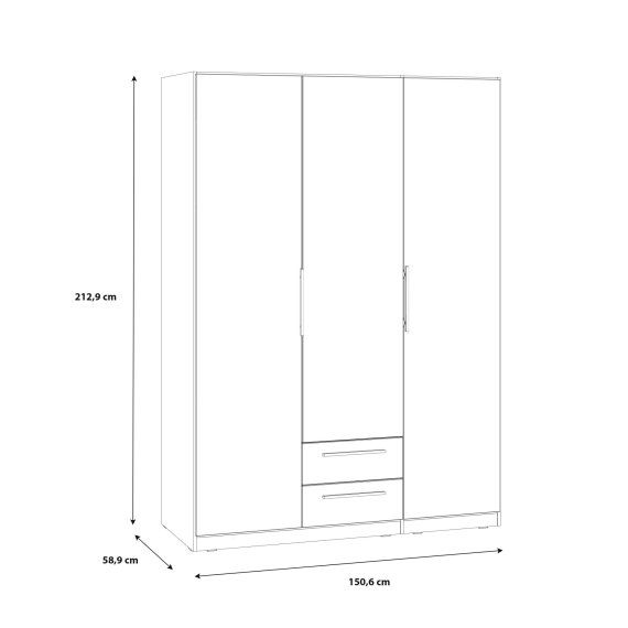 Šatní skříň Cadixo se šuplíky a zrcadlem 151x213x59 cm, dub sonoma, rozměry vnější