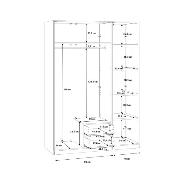 Šatní skříň Cadixo se šuplíky a zrcadlem 151x213x59 cm, dub sonoma, rozměry vnitřní