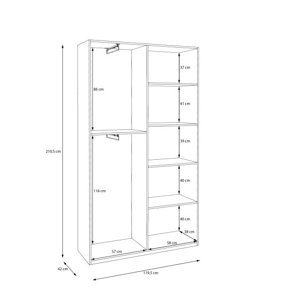 Šatní skříň Nook 120x211x42 cm, bílá, vnitřní rozměry