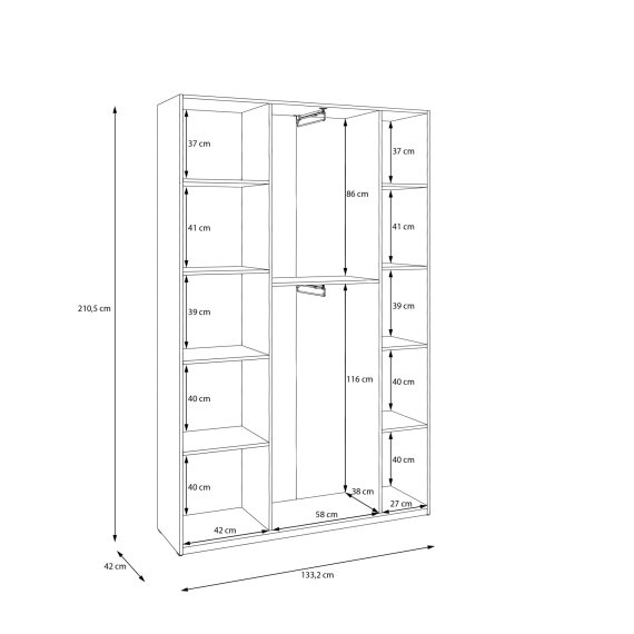 Šatní skříň Nook 134x211x42 cm, bílá, vnitřní rozměry