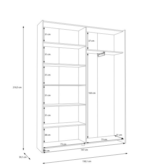 Šatní skříň Nook s posuvnými dveřmi 151x210x40 cm, bílá, vnitřní rozměry