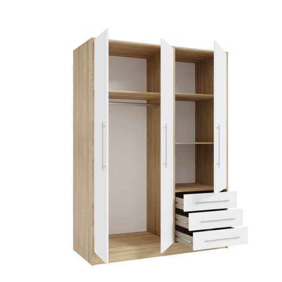 Šatní skříň Jupiter se šuplíky 145x200x60 cm, bílá a dub artisan, vnitřní řešení
