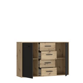 Komoda Anta se šuplíky, černá a dub artisan, otevřená