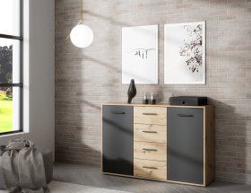 Komoda Anta se šuplíky, černá a dub artisan, interiér