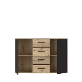 Komoda Anta se šuplíky, černá a dub artisan, otevřená