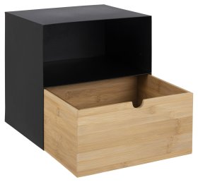 Noční stolek Jalor se šuplíkem, černý a bambus, otevřený