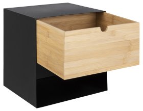 Noční stolek Jalor se šuplíkem, černý a bambus, otevřený