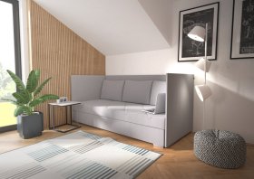 Válenda Riga v rozměru 90x200 cm, v potahu Crown 17 Grey, varianta tří čel včetně polštářů, interiér