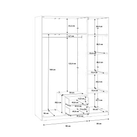 Šatní skříň Cadixo se šuplíky a zrcadlem 151x213x59 cm, dub sonoma, rozměry vnitřní