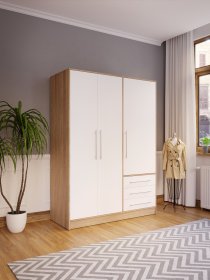 Šatní skříň Jupiter se šuplíky 145x200x60 cm, bílá a dub artisan