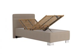 Jednolůžko Sendy v rozměru 90x200 cm, v potahu Milano 9110, ukázka polohování hlavy a úložného prostoru 