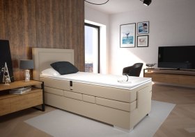 Boxspring Margo v rozměru 90x200 cm, v potahu Enjoy 2 Camel, interiér