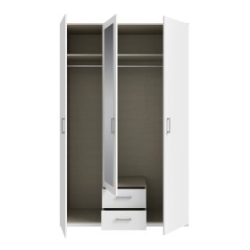 Skříň Ekon, se zrcadlem a šuplíky, výška 210 cm, bílá, otevřená