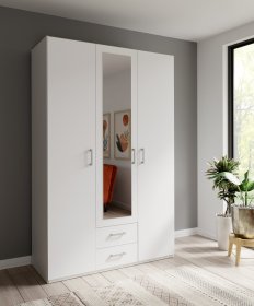 Skříň Ekon, se zrcadlem a šuplíky, výška 210 cm, bílá, interiér