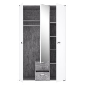 Skříň se zrcadlem a šuplíky Emar, bílá a šedá, otevřená