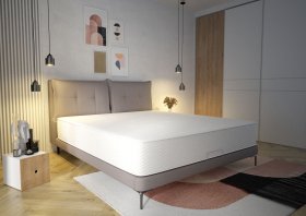 Dvoulůžko Monia v rozměru 180x200 cm, v béžové eco kůži, interiér