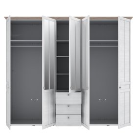 Skříň Ilsa se šuplíky a zrcadlem, velká, bílá a bělený dub, otevřená