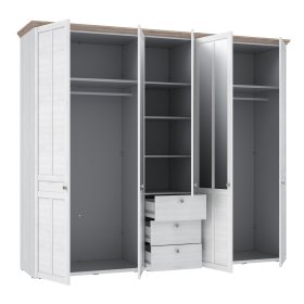 Skříň Ilsa se šuplíky a zrcadlem, velká, bílá a bělený dub, otevřená