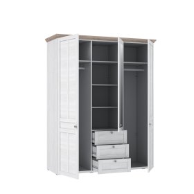 Skříň Ilsa se šuplíky a zrcadlem, bílá a bělený dub, otevřená