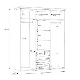 Skříň Ilsa se šuplíky a zrcadlem, bílá a bělený dub, rozměry