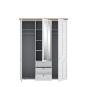 Skříň Ilsa se šuplíky a zrcadlem, bílá a bělený dub, otevřená