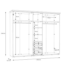 Skříň Ilsa se šuplíky a zrcadlem, velká, bílá a bělený dub, rozměry