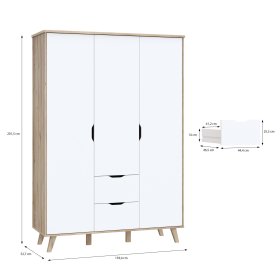 Šatní skříň Vaur se šuplíky 139x202 cm, bílá a dub sonoma, rozměry
