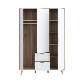 Šatní skříň Vaur se šuplíky 139x202 cm, bílá a dub sonoma, otevřená