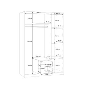 Šatní skříň Nipo se šuplíky a zrcadlem 122x185x53 cm, dub artisan, rozměry