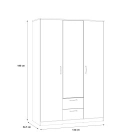 Šatní skříň Nipo se šuplíky a zrcadlem 122x185x53 cm, dub artisan, rozměry