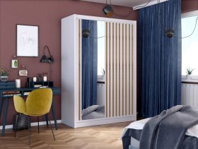 Šatní skříň Ladat s posuvnými dveřmi 150x215x61 cm, bílá a dub kraft, interiér 