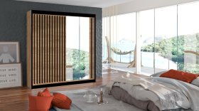 Šatní skříň Ladat s posuvnými dveřmi 203x215x61 cm, dub kraft a černá, interiér