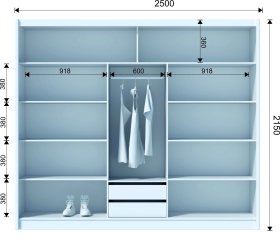 Šatní skříň Ladat s posuvnými dveřmi 250x215x61 cm, bílá a dub kraft, rozměry
