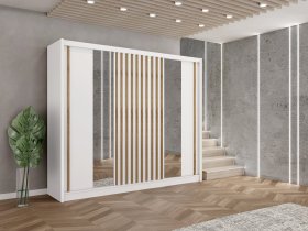 Šatní skříň Ladat s posuvnými dveřmi 250x215x61 cm, bílá a dub kraft, interiér