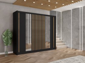 Šatní skříň Ladat s posuvnými dveřmi 250x215x61 cm, černá a dub kraft, interiér