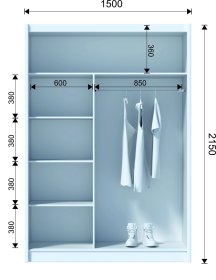Šatní skříň Oskol s posuvnými dveřmi 150x215x61 cm, bílá, rozměry