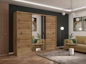 Šatní skříň Oskol s posuvnými dveřmi 250x215x61 cm, dub wotan, interiér