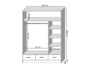 Šatní skříň Sovy se šuplíky a zrcadlem 150x200x58 cm, dub kraft a černá, rozměry 