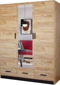 Šatní skříň Sovy se šuplíky a zrcadlem 150x200x58 cm, dub kraft a černá