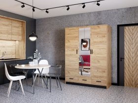 Šatní skříň Sovy se šuplíky a zrcadlem 150x200x58 cm, dub kraft a černá, interiér
