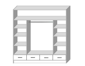 Šatní skříň Sovy se šuplíky a zrcadlem 200x200x58 cm, bílá, otevřená