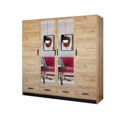 Šatní skříň Sovy se šuplíky a zrcadlem 200x200x58 cm, dub kraft a černá