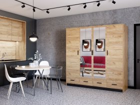 Šatní skříň Sovy se šuplíky a zrcadlem 200x200x58 cm, dub kraft a černá, interiér