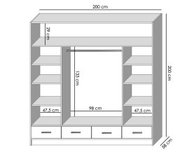 Šatní skříň Sovy se šuplíky a zrcadlem 200x200x58 cm, dub sonoma, rozměry
