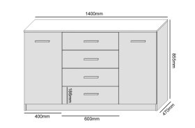 Komoda Arty 140x86x74 cm, bíla a dub artisan, rozměry