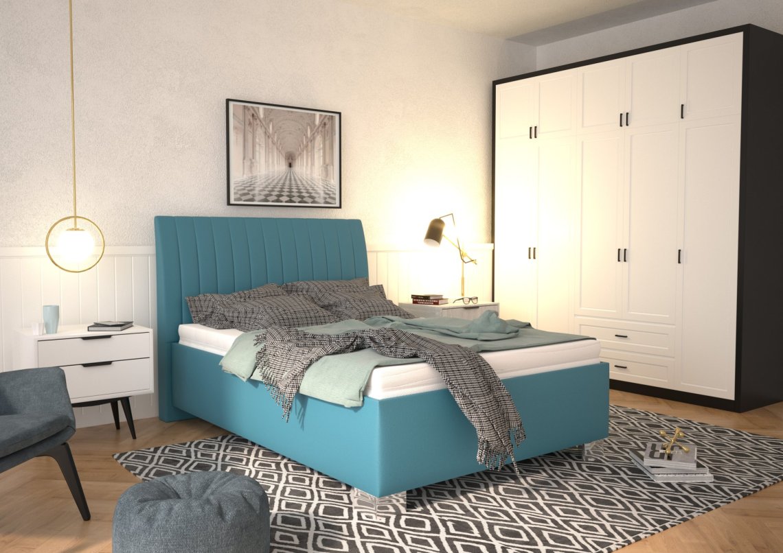 Jednolůžko Lilibet v rozměru 140x200 cm, v potahu Trinity 13 Azur, interiér