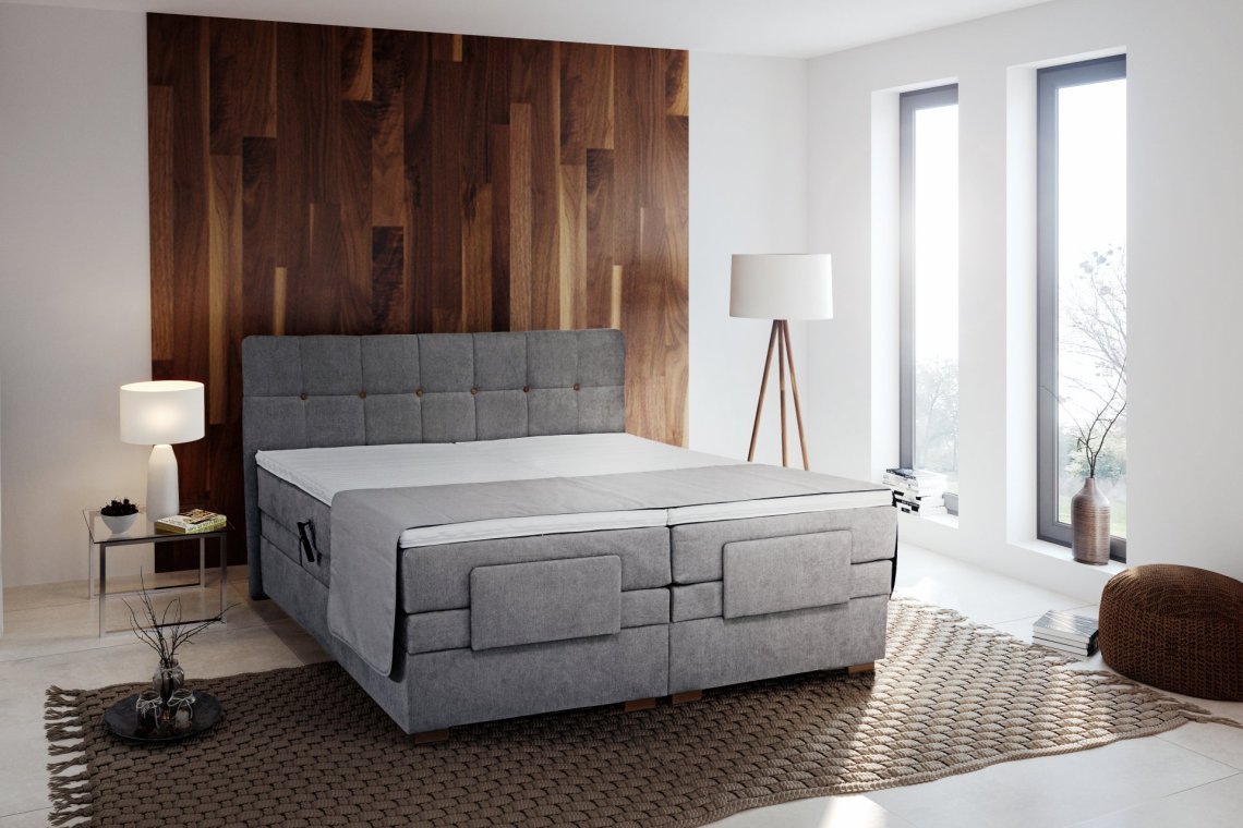 Boxspring Samara v rozměru 180x200 cm, v potahu Enjoy 7, s topperem, s přehozem, interiér 